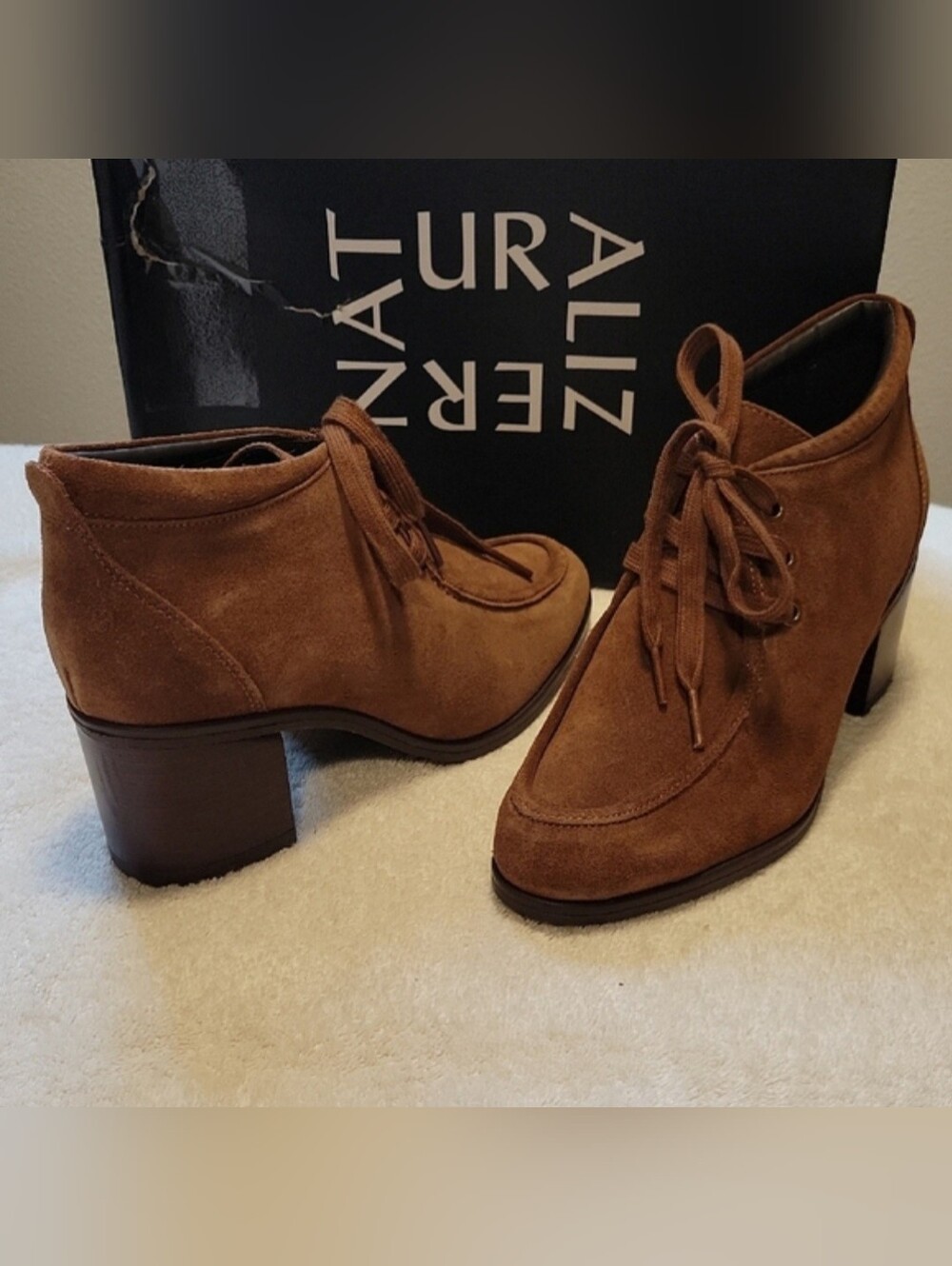 Naturalizer "Lesson" Chestnut Suede Heeled Booties with Lace-Up Design, NIB